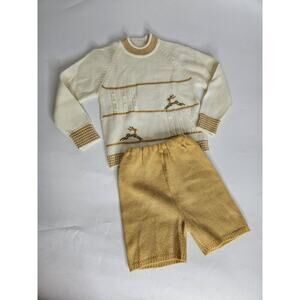 Vintage Baby Raindeer Knit 2 Piece Outfit Size 6-9 M